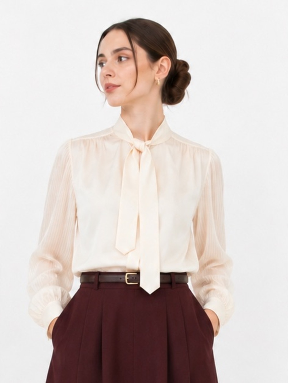 🌈 4 for $40 🌈 Vintage Blouse with Pleated Sleeves and Tie-Neck in White, XS